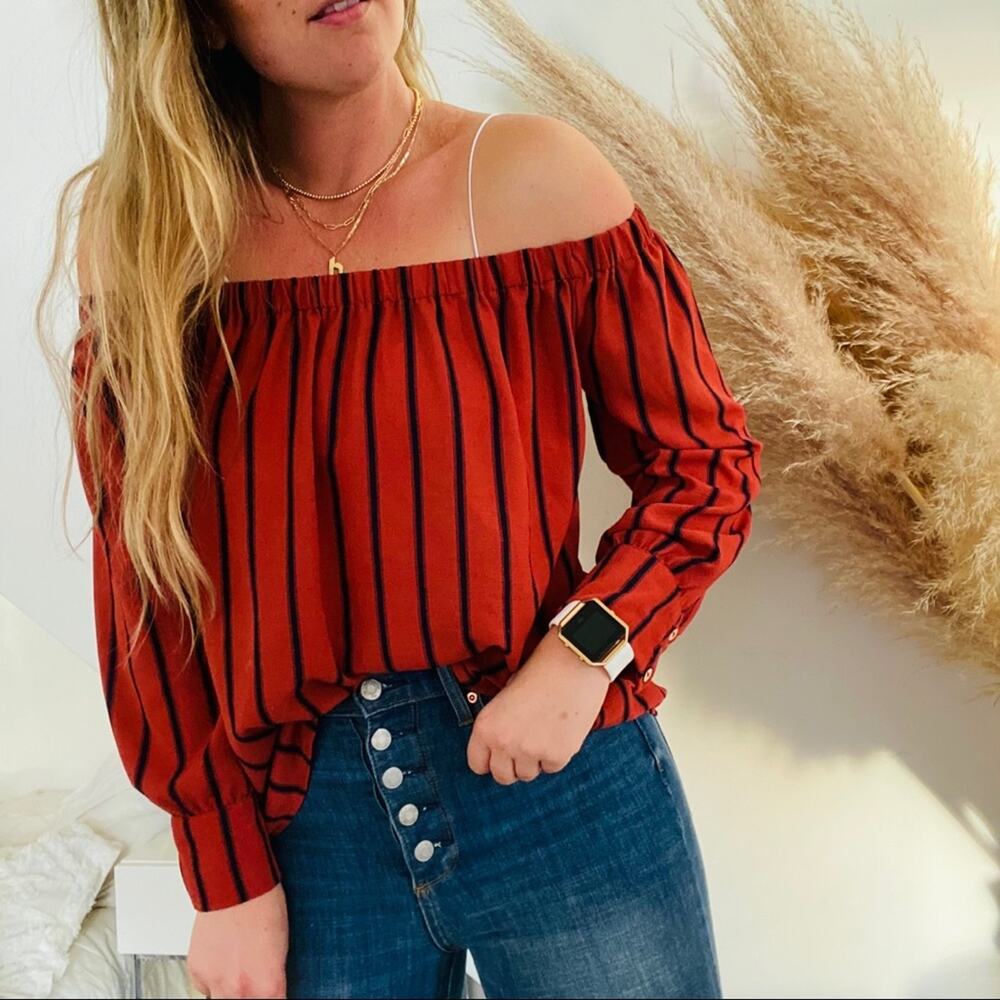 UO Off Shoulder Striped Rust Red Navy Blue Long Sleeve Blouse Top Shirt M